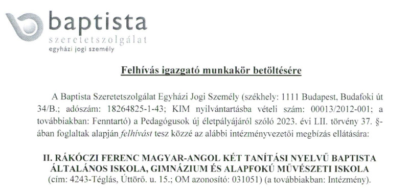 Felhívás igazgató munkakör betöltésére